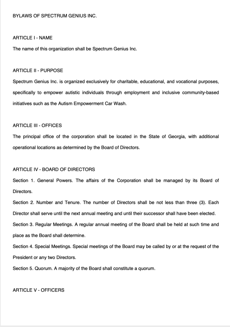 Bylaws of Spectrum Genius Inc., page 1.
