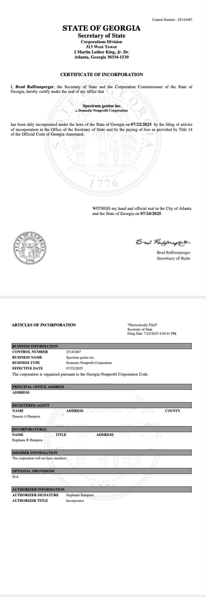 Georgia Secretary of State Certificate of Incorporation and Articles of Incorporation for Spectrum Genius Inc.