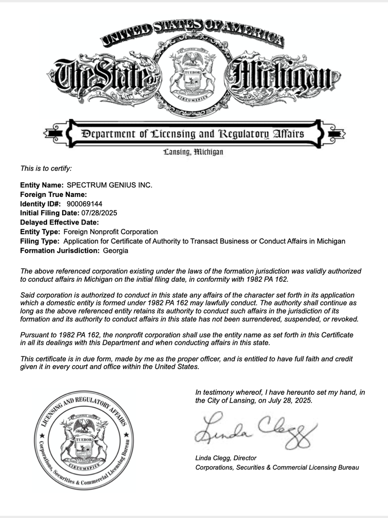 Michigan Department of Licensing and Regulatory Affairs Certificate of Authority for Spectrum Genius Inc.