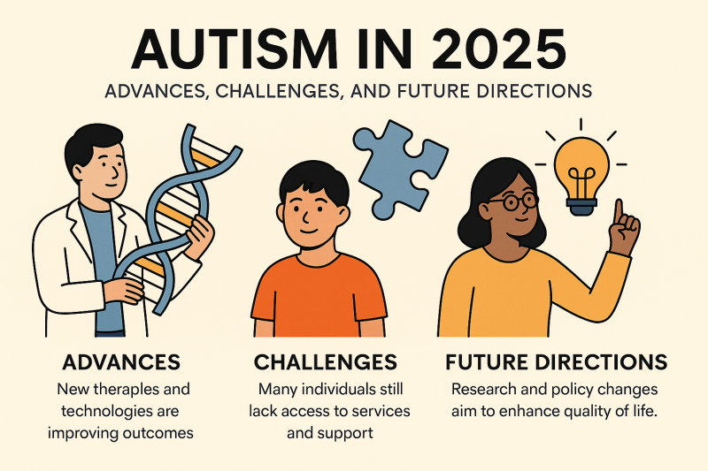 Autism in 2025: Advances, Challenges, and Future Directions. Advances: new therapies and technologies are improving outcomes. Challenges: many individuals still lack access to services and support. Future directions: research and policy changes aim to enhance quality of life.
