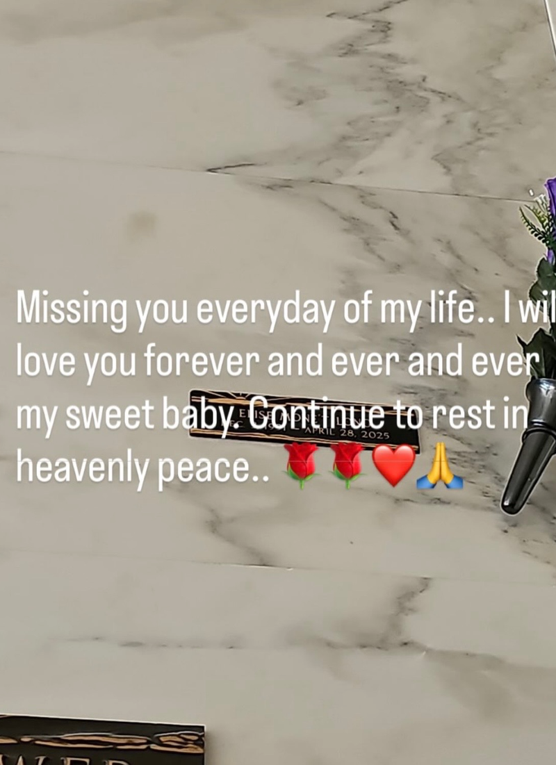 Memorial marker for Elise "Londyn Richie" Long, dated April 28, 2025, reading: Missing you everyday of my life.. I will love you forever and ever and ever my sweet baby. Continue to rest in heavenly peace..